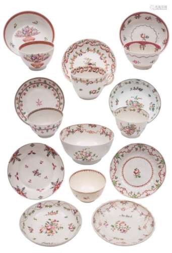 A group of New Hall famille rose hardpaste porcelain: painted in Chinese export style with floral