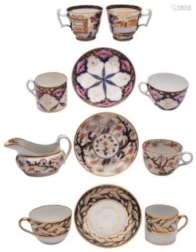 A group of New Hall hardpaste and bone china tea and coffee wares: in underglaze blue and gilt tree