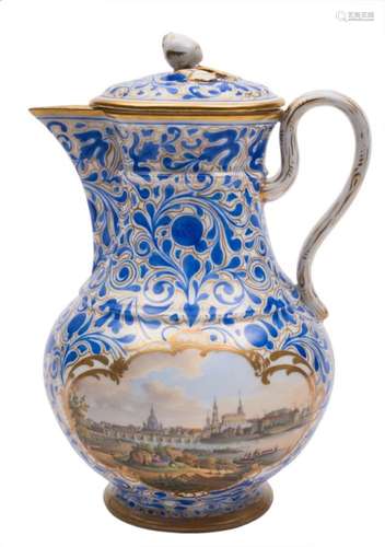 A Meissen topographical coffee pot and cover: with bud knop and double scroll handle,