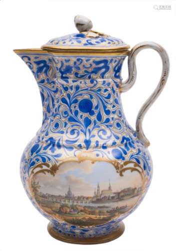 A Meissen topographical coffee pot and cover: with bud knop and double scroll handle,