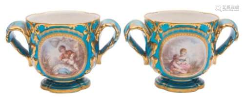 A pair of Sevres-style glass/bottle coolers: with acanthus leaf handles,