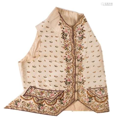 A George III silk embroidered waistcoat: ivory silk ground with all over fern leaf designs and