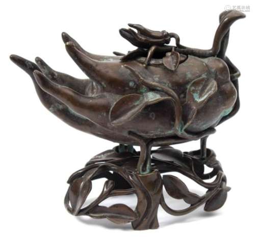 A Chinese bronze censer, cover and stand modelled as a finger citron: applied with leafy stems,