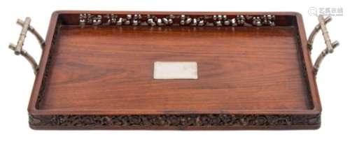 A Chinese carved hardwood tray with silver handles by Lainchang: of rectangular form with carved
