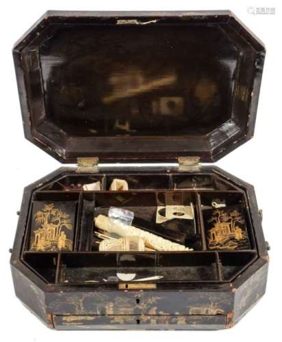 A Cantonese lacquered export ware sewing box: of rectangular outline with canted corners,