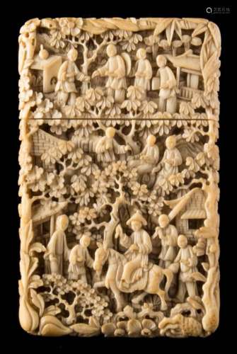 A 19th century Cantonese deeply carved ivory card case: of rectangular outline decorated with