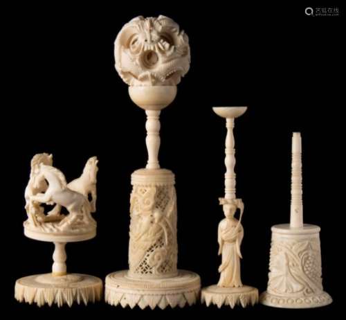 A late 19th century Chinese carved ivory puzzle ball and stand: of traditional design decorated