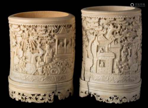 A Cantonese carved ivory brush pot: decorated in the traditional manner of figures in a pagoda