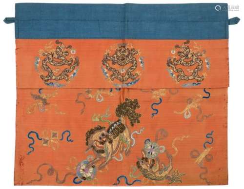 A Chinese embroidered panel: depicting temple dogs, pearls and bats,