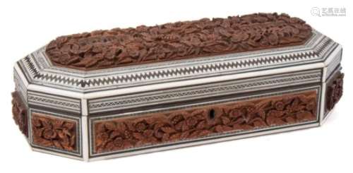 An Indian sadeli ware and carved wood glove box: of rectangular outline with canted corners,