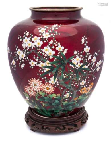 A Japanese silver and cloisonne vase: of ovoid outline,