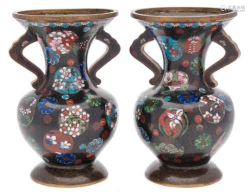 A pair of Japanese cloisonne vases: of ovoid waisted form,