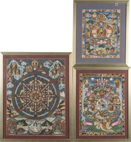 A Tibetan polychrome decorated thanka : depicting the wheel of life held by Yama adorned by five