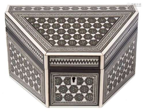 An Indian sadeli ware stationery box: of canted triangular form,