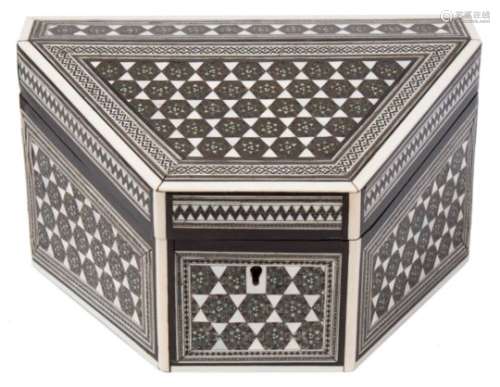 An Indian sadeli ware stationery box: of canted triangular form,