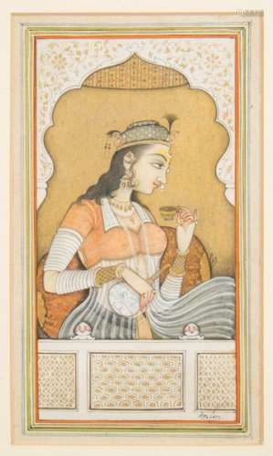 A Mughal School painting: depicting a courtesan with ewer and cup framed in an arched window,