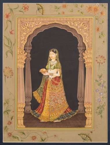 A Mughal School painting: depicting a richly adorned female holding a lamp,