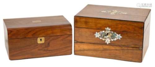 A Victorian walnut and mother of pearl inlaid combination vanity/writing box: the hinged lid