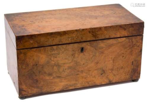 A 19th century burr walnut tea caddy: of rectangular outline,