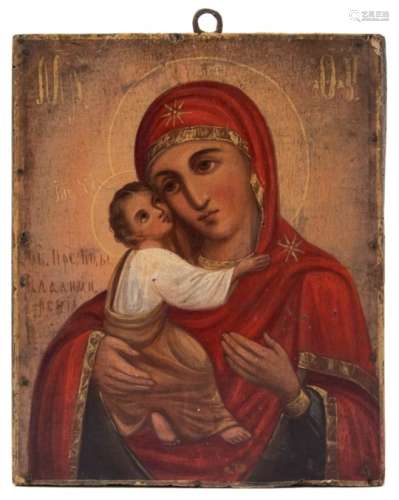 A late 19th century Russian Icon, The Vladamir Mother of God: oil on board, 25.5 x 21cm.