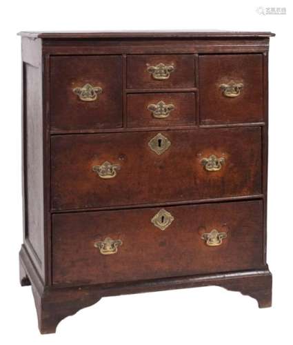 An early 18th century oak chest of small size: the top with a moulded edge,