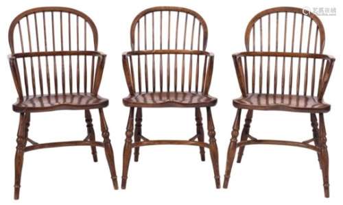 A set of three elm, ash and beech stick back Windsor elbow chairs in the 19th Century style:,