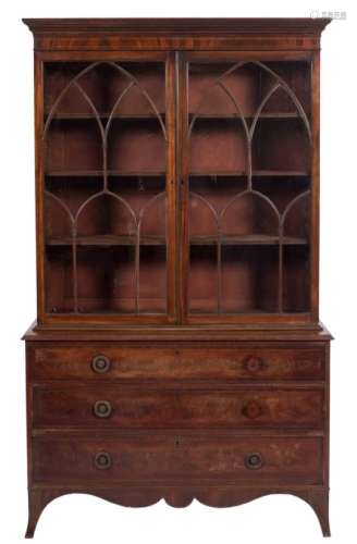 A 19th Century mahogany and inlaid bookcase:, bordered with boxwood and ebony lines,