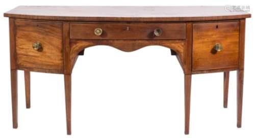 A late George III mahogany and inlaid bow-fronted sideboard,: bordered with boxwood,