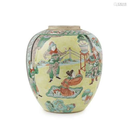 FAMILLE VERTE JAR ON YELLOW GROUND QING DYNASTY, KANGXI STYLE BUT
PROBABLY LATER the ovoid body