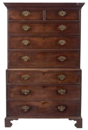 A George III mahogany tallboy:, the upper part with a moulded cornice,