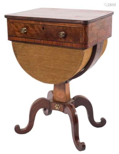 A Regency mahogany and inlaid writing/work table:, bordered with ebony lines,