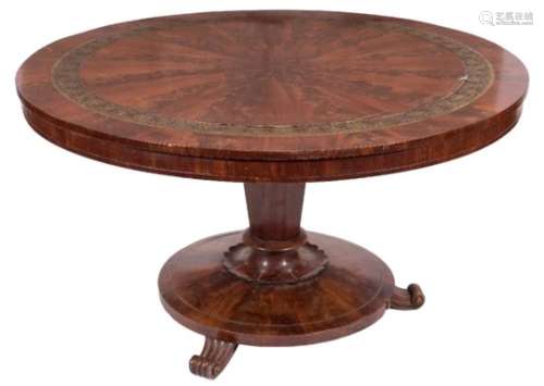 A Regency mahogany and brass inlaid breakfast table:, bordered with lines,