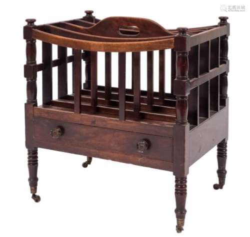 A Regency mahogany four division canterbury:, with curved and slatted divisions,