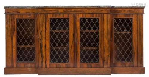 A late 19th century rosewood breakfront low side cabinet:, with a verde antico marble top,