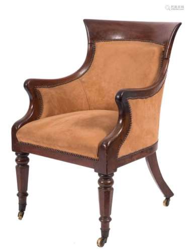 An early Victorian mahogany bergere armchair:, with curved bar top rail, upholstered panel back,