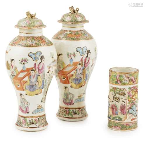 PAIR OF CANTON FAMILLE ROSE VASES AND COVERS QING DYNASTY, 19TH CENTURY
each of baluster form, the