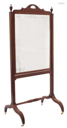 A 19th century mahogany swing frame cheval mirror: with a rectangular plate and shaped and pierced