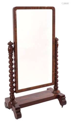 A Victorian mahogany swing frame cheval mirror:, the rectangular plate in bevelled surround,