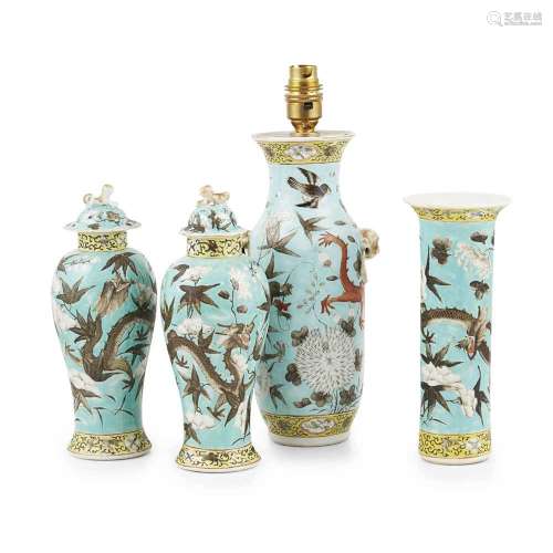 COLLECTION OF FOUR GREEN GLAZED JARS WITH INK-COLOURED DECORATION QING
DYNASTY, 19TH CENTURY