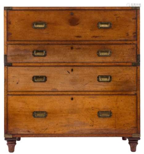 A 19th Century mahogany and brass bound secretaire military chest:, in two parts,