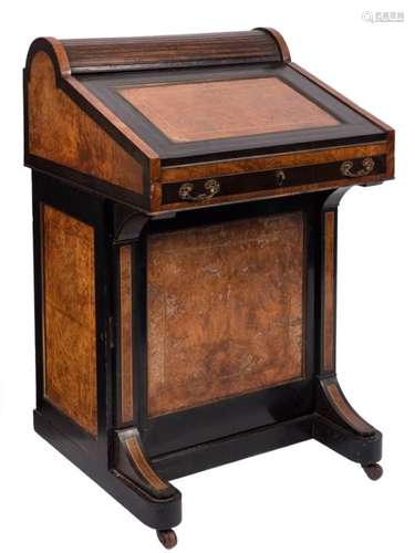 A Victorian burr walnut, burr elm and ebonised Davenport:,