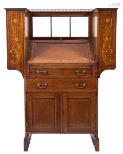 An Edwardian mahogany and inlaid cabinet bureau:, crossbanded in satinwood,