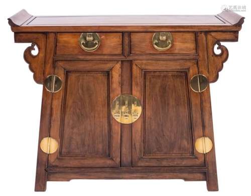 A Chinese huali wood brass mounted side cabinet,: of tapered outline,