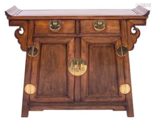 A Chinese huali wood brass mounted side cabinet,: of tapered outline,