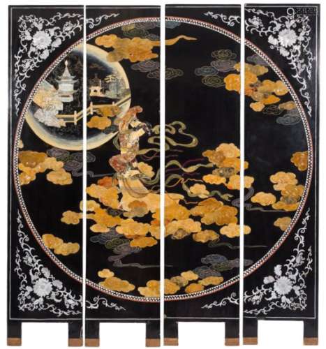 A Contemporary Chinese black lacquer and mother of pearl inlaid four fold screen:,