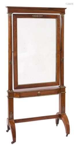 A 19th Century French walnut and brass mounted swing frame cheval mirror:, with a moulded cornice,