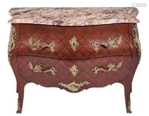 A French kingwood parquetry and gilt brass mounted serpentine fronted bombe commode in the Louis XV