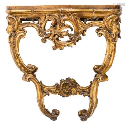 A 19th century French carved giltwood serpentine console table: with a yellow variegated marble top,