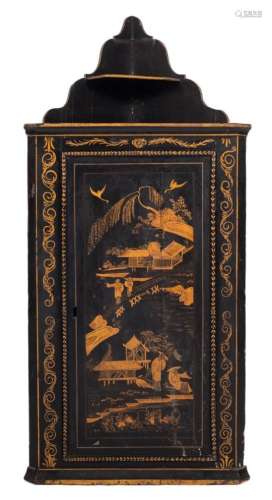 A 19th Century black lacquer and gilt chinoiserie hanging corner cabinet:,