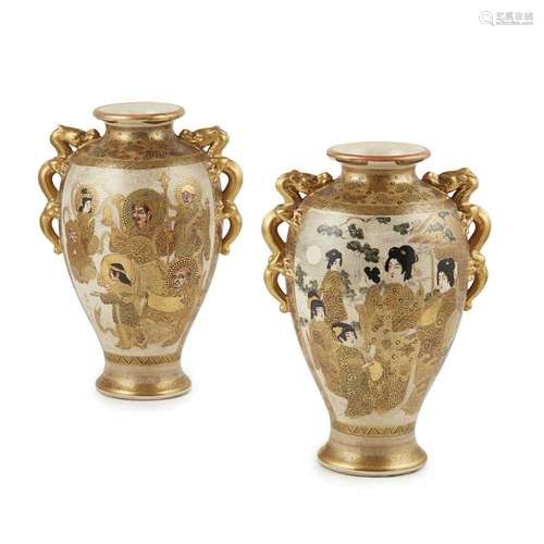 PAIR OF SATSUMA VASES HODODA COMPANY MARK, MEIJI PERIOD of baluster
form, each panels respectively